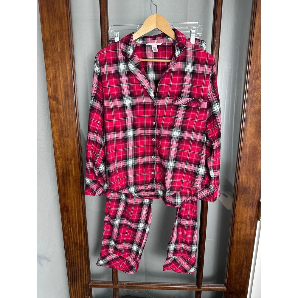 Victorias Secret Pink Plaid Flannel Pajama Set Shimmer Metallic Medium 2 Piece